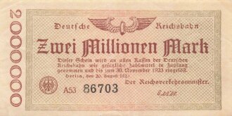 Banknote Deutsche Reichsbahn über Zwei Millionen Mark, datiert 1923