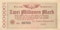 Banknote Deutsche Reichsbahn über Zwei Millionen Mark, datiert 1923