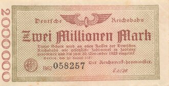 Banknote Deutsche Reichsbahn über Zwei Millionen Mark, datiert 1923