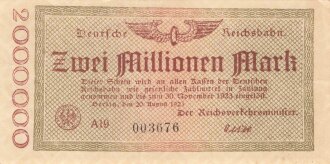 Banknote Deutsche Reichsbahn über Zwei Millionen Mark, datiert 1923