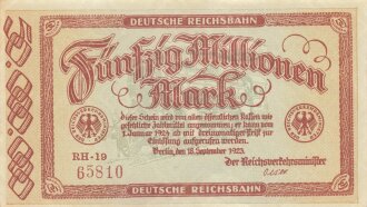 Banknote Deutsche Reichsbahn über Fünfzig Millionen Mark, datiert 1923