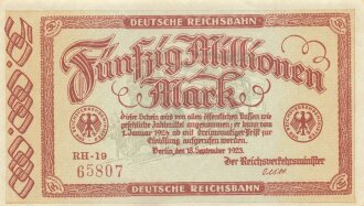 Banknote Deutsche Reichsbahn über Fünfzig Millionen Mark, datiert 1923