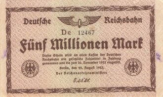 Banknote Deutsche Reichsbahn über Fünf Millionen Mark, datiert 1923