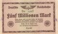 Banknote Deutsche Reichsbahn über Fünf Millionen Mark, datiert 1923