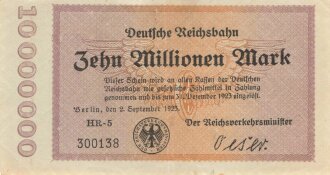 Banknote Deutsche Reichsbahn über Zehn Millionen Mark, datiert 1923