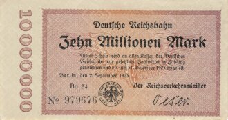 Banknote Deutsche Reichsbahn über Zehn Millionen Mark, datiert 1923