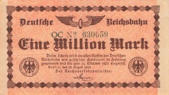 Banknote Deutsche Reichsbahn über Eine Million Mark, datiert 1923