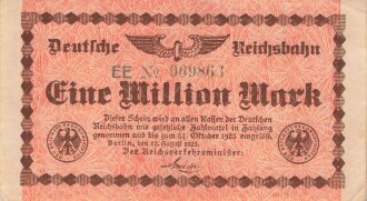 Banknote Deutsche Reichsbahn über Eine Million Mark, datiert 1923