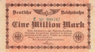 Banknote Deutsche Reichsbahn über Eine Million Mark, datiert 1923