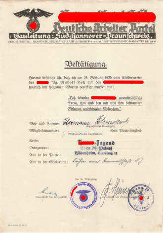 NSDAP Gauleitung Süd-Hannover - Braunschweig "Bestätigung einer Vereidigung durch Rudolf Hess am 24. Februar 1935" Hitler Jugend Bann 79 ( Peine )