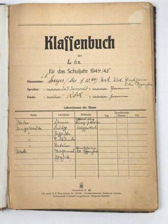 Klassenbuch einer Klasse 6a für das Schuljahr 1944 / 45