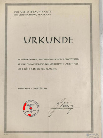 NSDAP Kreisleitung Berchtesgaden / Hitlerjugend KLV Berchtesgaden, Umfangreicher Schriftverkehr, dabei eine Anerkennungsurkunde zur Verleihung der KLV Plakette