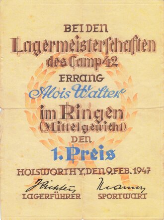 Kriegsgefangenschaft in Großbritannien , Urkunde "bei den Lagermeisterschaften des Camp 42 errang...." Holsworthy, den 9. Feb. 1947