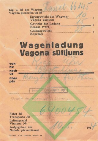 Reichsbahndirektion Riga, Waggonbegleitzettel von 1944