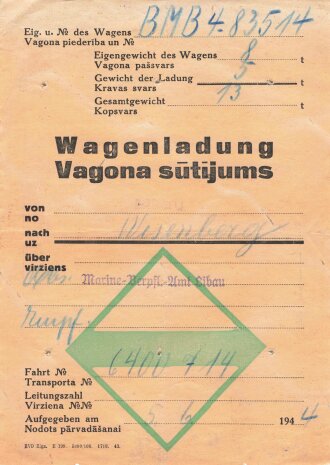 Reichsbahndirektion Riga, Waggonbegleitzettel von 1944