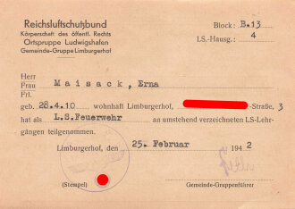 Reichsluftschutzbund Ortsgruppe Ludwigshafen, Ausweis einer Teilnehmerin von L.S.Feuerwehr Lehrgängen, datiert 1942