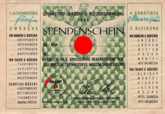 "Spinnstoff-, Wäsche- u. Kleidersammlung 1944" Spendenschein, DIN A6