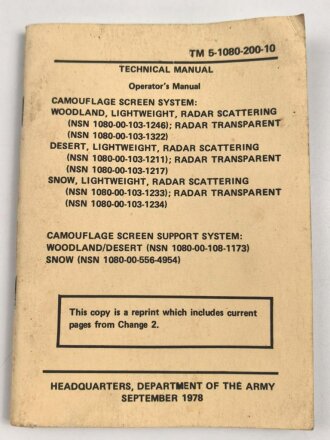 U.S. Army Technical Manual 5-1080-200-10 "Camouflage Screen System" used, U.S. 1985 dated