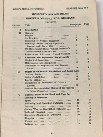 U.S. Army 1955 dated "Headquarters United States Army, Europe, "Transportation and Travel Drivers Manual for Germany" well used, 32 pages