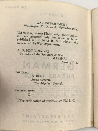 U.S. Technical Manual 30-606 "Restricted German Phrase Book" used, U.S. 1943 dated