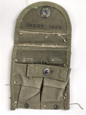 U.S. Army , 1945 dated Cal. 30 Carbine magazine pouch " Avery 1945" Modifield to fit a "larger" mag, possible M1911 ?. You will receive one ( 1 ) piece, all are unused but show storage wear and dust