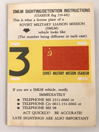 U.S. Army  1984 dated "SMLM Sighting / Detention Instructions" Cold war