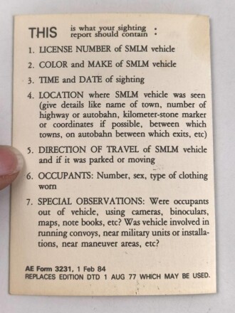 U.S. Army  1984 dated "SMLM Sighting / Detention Instructions" Cold war