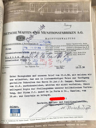 Umfangreiche Geschäftsunterlagen zwischen Deutsche Waffen und Munitionsfabriken DWM, Siemens Schuckertwerke, Akkumulatorenfabrik AG, Mauser Werke  usw. meist 1934-1937 betreffend