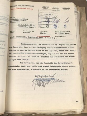 Umfangreiche Geschäftsunterlagen zwischen Deutsche Waffen und Munitionsfabriken DWM, Siemens Schuckertwerke, Akkumulatorenfabrik AG, Mauser Werke  usw. meist 1934-1937 betreffend