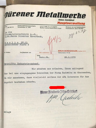 Umfangreiche Geschäftsunterlagen zwischen Deutsche Waffen und Munitionsfabriken DWM, Siemens Schuckertwerke, Akkumulatorenfabrik AG, Mauser Werke  usw. meist 1934-1937 betreffend