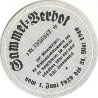 Winterhilfswerk Türplakette "Sammel-Verbot vom 1. Juni 1939 bis 31. Mai 1940" 100mm