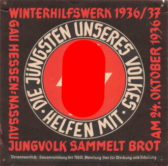 Winterhilfswerk Gau Hessen Nassau, Türplakette Oktober 1936, Jungvolk sammelt Brot. 96 x 96mm