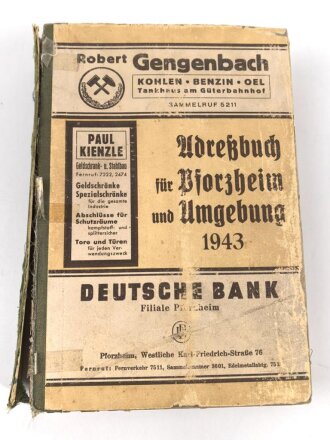 "Adressbuch für Pforzheim und Umgebung 1943" unter DIN A4, stark gebraucht, Einband lose