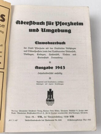 "Adressbuch für Pforzheim und Umgebung 1943" unter DIN A4, stark gebraucht, Einband lose