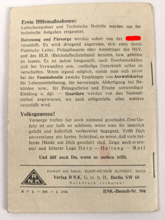 "Mein Eigentum, Inventar Verzeichnis für den Notfall, Ausgabe B" 32 Seiten, datiert 1938, über DIN A6, Luftschutz