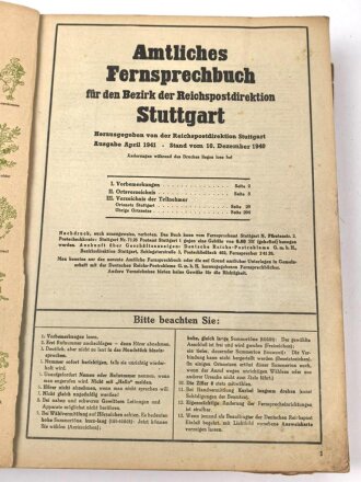 "Amtliches Fernsprechbuch für den Bezirk der Reichspostdirektion Stuttgart 1941" über DIN A4, stark gebraucht