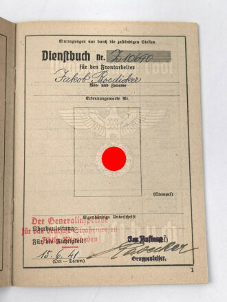 Organisation Todt - Dienstbuch eines Angehörigen aus Frankfurt mit einem Schreiben zur Entlassungsbeihilfe datiert 1941