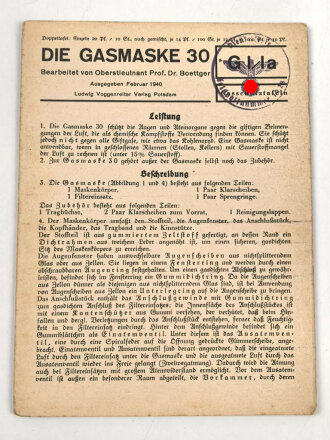 Gasschutztafel Ia, Die Gasmaske 30, ausgegeben Februar 1940, DIN A5, 10 Seiten