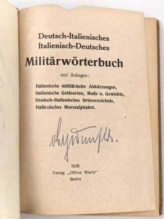 "Deutsch - Italienisches Militär Wörterbuch", datiert 1928, DIN A6, 286 Seiten