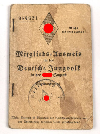 Deutsches Jungvolk /Hitler Jugend, Mitgliedsausweis eines Angehörigen des Gebiet 13 ( Baden), 1934-1940