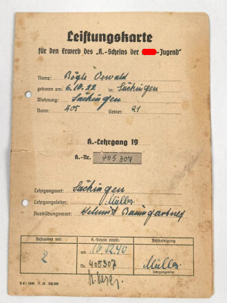 Leistungskarte für den Erwerb des K.-Scheins der Hitler-Jugend, datiert 1940, DIN A6