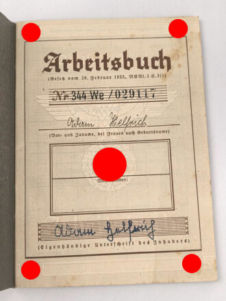 Arbeitsbuch III.Reich, gebraucht, gut, Ausgefüllt, Modell mit grossem Adler und Hakenkreuz. Sie erhalten ein ( 1 ) Stück