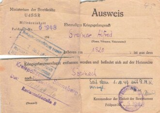 Ausweis "Ehemaliger Kriegsgefangener...ist aus dem Kriegsgefangenenlager entlassen worden und befindet sich auf der Heimreise. Ausgestellt Ministerium der Streitkräfte UDSSR im Juni 1948. gefaltet und eingerissen