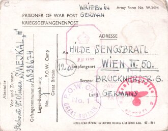 Kriegsgefangenenpost eines in Großbritannien ( Camp 1 ) inhaftierten an seine Schwester. datiert 28.10.44