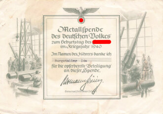 "Metallspende des deutschen Volkes" Spenden Urkunde datiert 1940, DIN A5