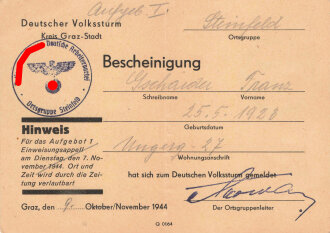 Bescheinigung über die Anmeldung zum Deutschen Volkssturm Kreis Graz-Stadt, datiert 1944, gefaltet