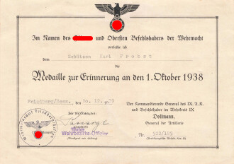 Verleihungsurkunde für die Medaille zur Erinnerung an den 1.Oktober 1938, ausgestellt 1939 auf einen Schützen 