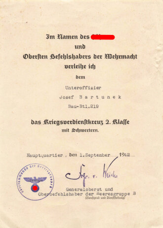 Verleihungsurkunde zum Kriegsverdienstkreuz 2. Klasse 1942  mit Schwertern an einen Unteroffizier