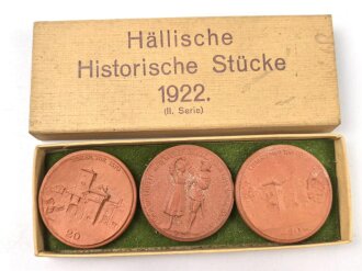 "Solbad Schwäbisch Hall" Drei Porzellanmedaillen in Etui " Hällische Historische Stücke 1922 II.Serie"