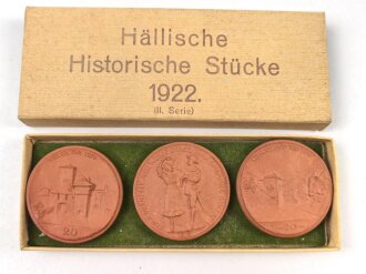 "Solbad Schwäbisch Hall" Drei Porzellanmedaillen in Etui " Hällische Historische Stücke 1922 II.Serie"